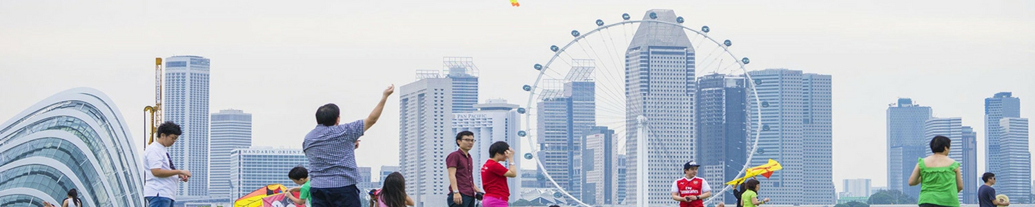 Photo of people flying kites against Singapore skyline.